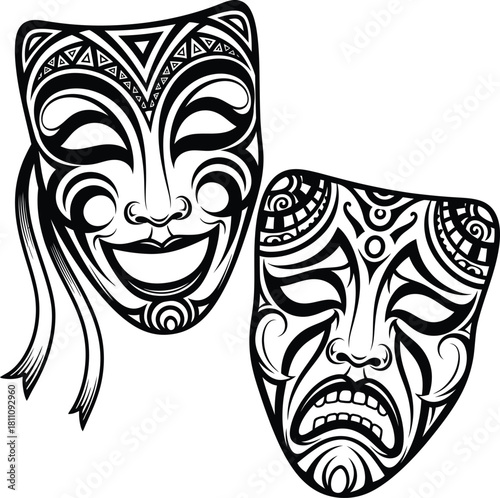 Comedy and tragedy drama masks vector illustration black and white art eps silhouette