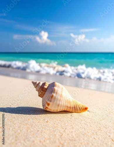 A close-up shot of a spiral seashell rests on pristine white sand. Gentle waves and turquoise water meet the horizon. The sky is clear