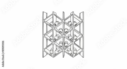 Detailed Line Drawing of a Modern Wine Rack with Bottles.