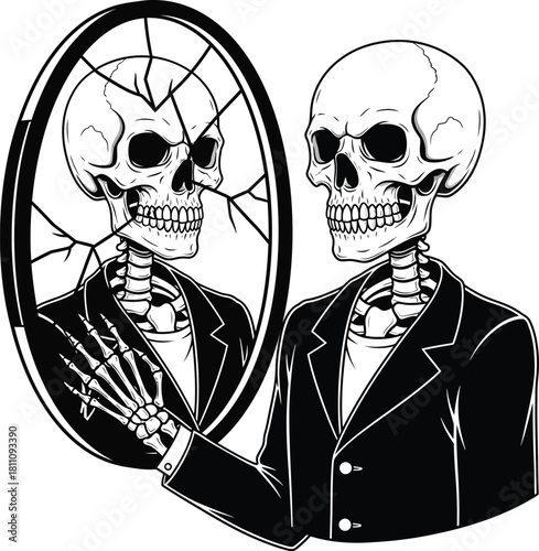 Skeleton in suit looking at reflection in cracked mirror vector art eps silhouette