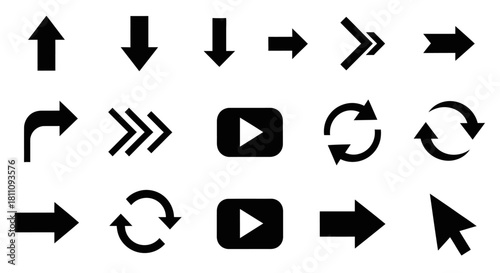 A versatile collection of essential black user interface icons, featuring various arrow styles, play buttons, refresh symbols, and a cursor for web and app navigation