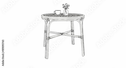 Detailed Line Drawing of a Round Rattan Table with Floral Arrangement.