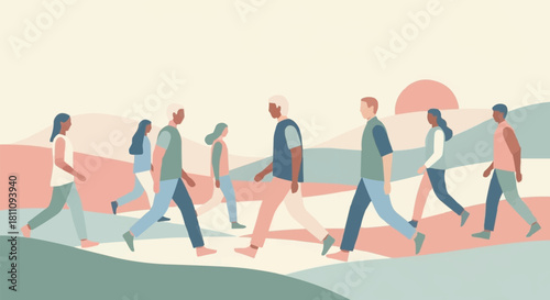Diverse group of people walking together in a modern, minimalist illustration.