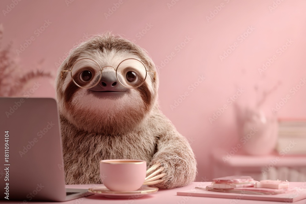 Fototapeta premium Humorous Sloth with Glasses in Pastel Pink Work-from-Home Setup