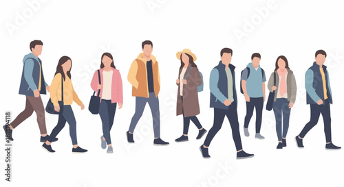 Diverse group of young people walking in a row vector illustration.
