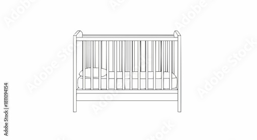 Simple Line Drawing of a Baby Crib with Mattress and Pillow.