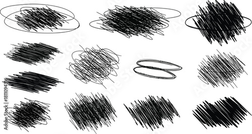Charcoal pencil curly lines and squiggles. Scribble brush strokes vector set. Hand drawn marker scribbles. Black pencil sketches. Brush stroke lines, squiggles, daubs isolated.