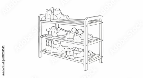 Hand drawn sketch of a three tier shoe rack with various shoes.