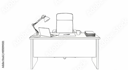 Detailed Line Art Illustration of a Modern Office Desk Setup.