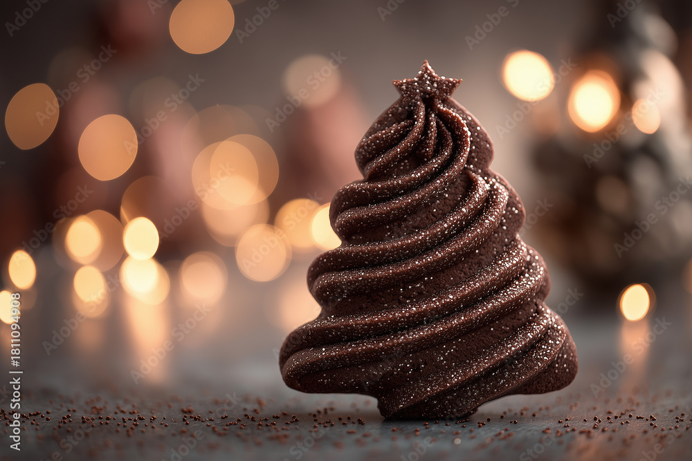 Obraz premium Artistic Chocolate Christmas Tree Cookie with Edible Glitter and Warm Bokeh Lights Background