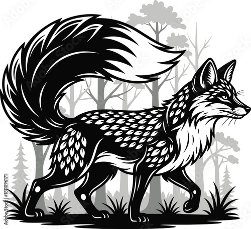 Black and white fox vector illustration wildlife animal forest design eps silhouette