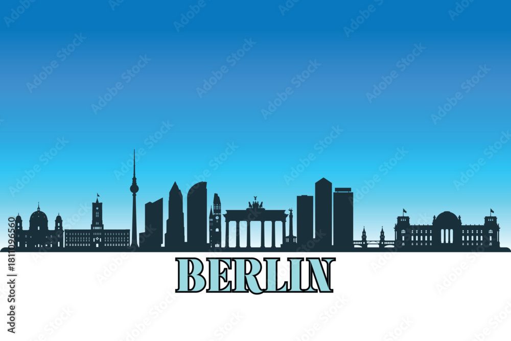 Fototapeta premium Global city Berlin shown in a detailed vector skyline with a bright blue sky.