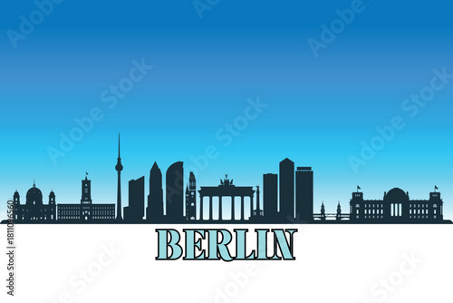 Global city Berlin shown in a detailed vector skyline with a bright blue sky.