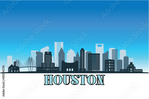 Global city Houston shown in a detailed vector skyline with a bright blue sky.