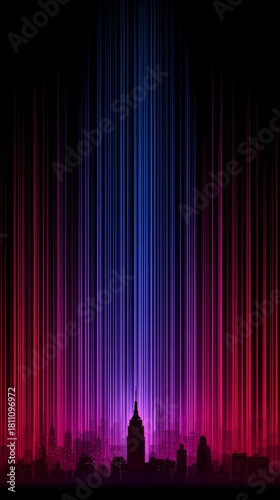 The dark cityscape of a cyberpunk atmosphere features a vertical streak of neon light, a glowing reflection, and an abstract technological luminous column