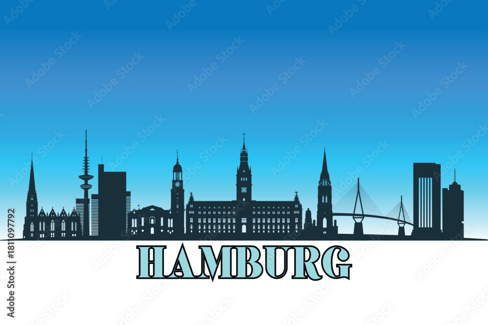 Fototapeta premium Global city Hamburg shown in a detailed vector skyline with a bright blue sky.