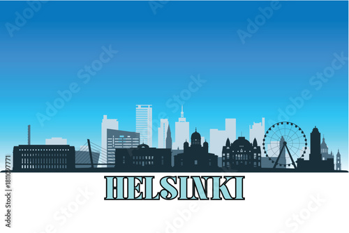 Global city Helsinki shown in a detailed vector skyline with a bright blue sky.