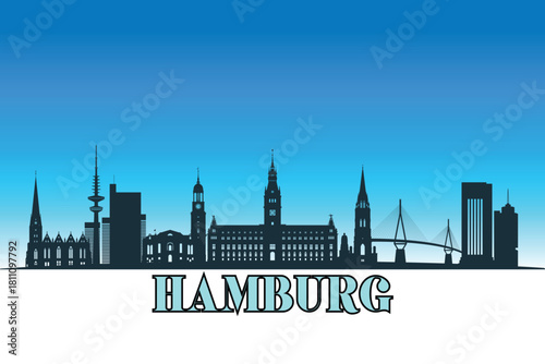 Global city Hamburg shown in a detailed vector skyline with a bright blue sky.
