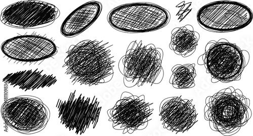 Charcoal pencil curly lines and squiggles. Scribble brush strokes vector set. Hand drawn marker scribbles. Black pencil sketches. Brush stroke lines, squiggles, daubs isolated.