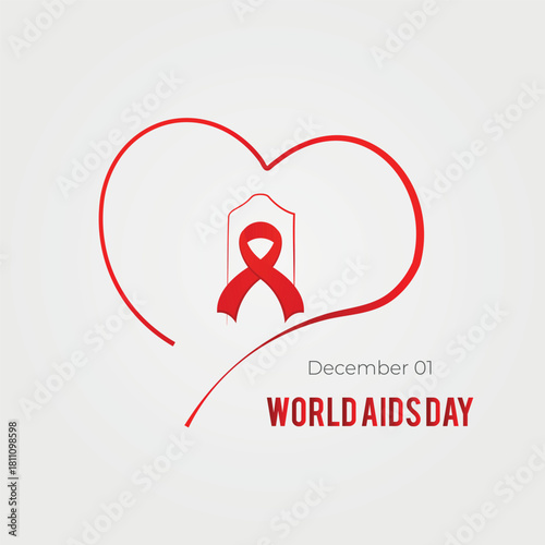 World Aids Day Awareness Concept with Red Ribbon Inside Heart Frame on Simple White Background Vector Illustration