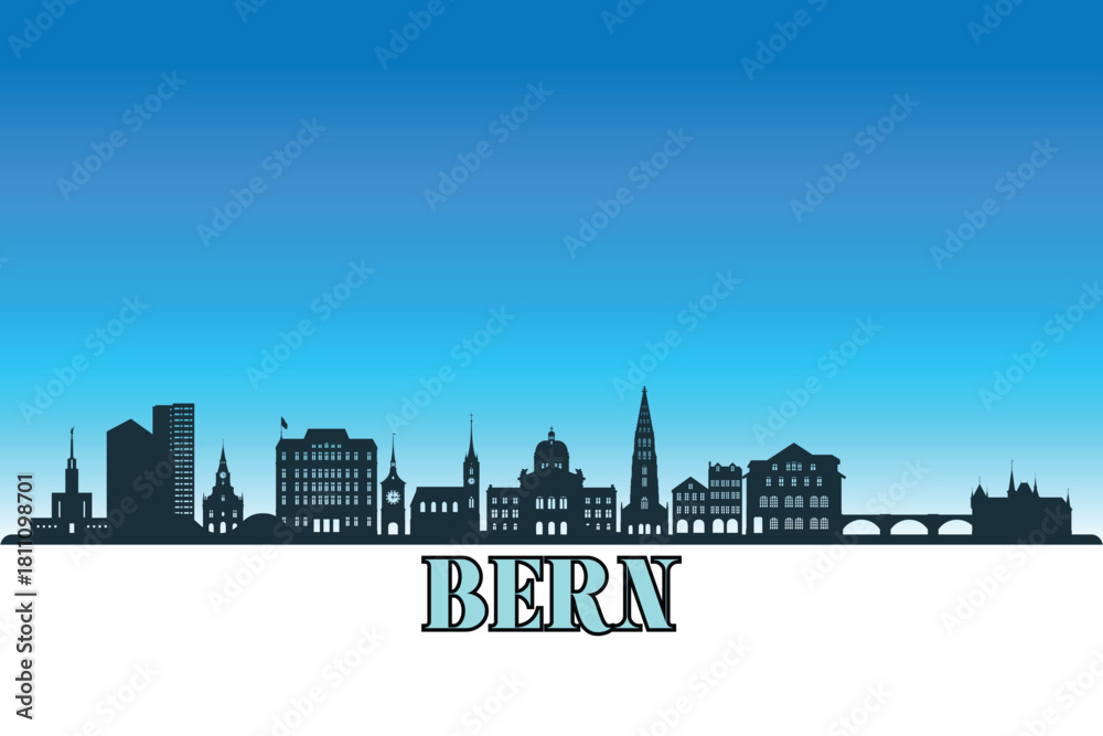 Naklejka premium Global city Bern shown in a detailed vector skyline with a bright blue sky.