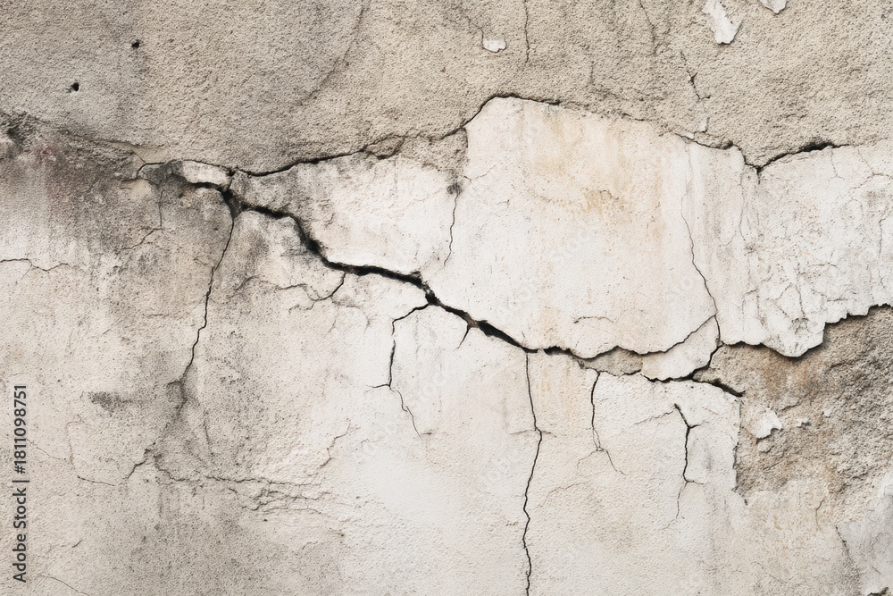 Obraz premium Urban decay concrete wall texture with deep cracks peeling surface in neutral gray beige for grunge backdrop design renovation and architectural concept