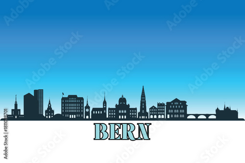 Global city Bern shown in a detailed vector skyline with a bright blue sky.