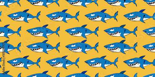 Cartoon shark pattern with blue sharks on a yellow background