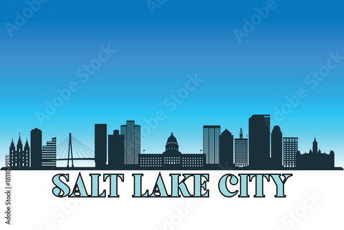 Global city Salt Lake City shown in a detailed vector skyline with a bright blue sky.