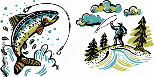 Fly fishing illustration with trout jumping and fisherman casting line