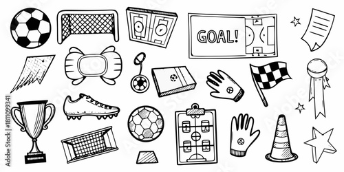 Hand drawn soccer elements a collection of football equipment and accessories