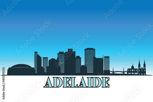 Global city Adelaide shown in a detailed vector skyline with a bright blue sky.