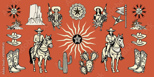 Vintage texas and southwestern motifs with cowboys cacti and lone star symbols