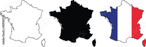 Map of france set: outline, silhouette, and national flag colors