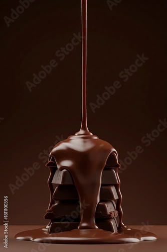 Chocolate syrup being poured on a stack of three brownies, in a brown background