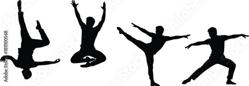 People Jumping, Flipping, and Balancing in Various Dance and Gymnastics Action Poses Vector.