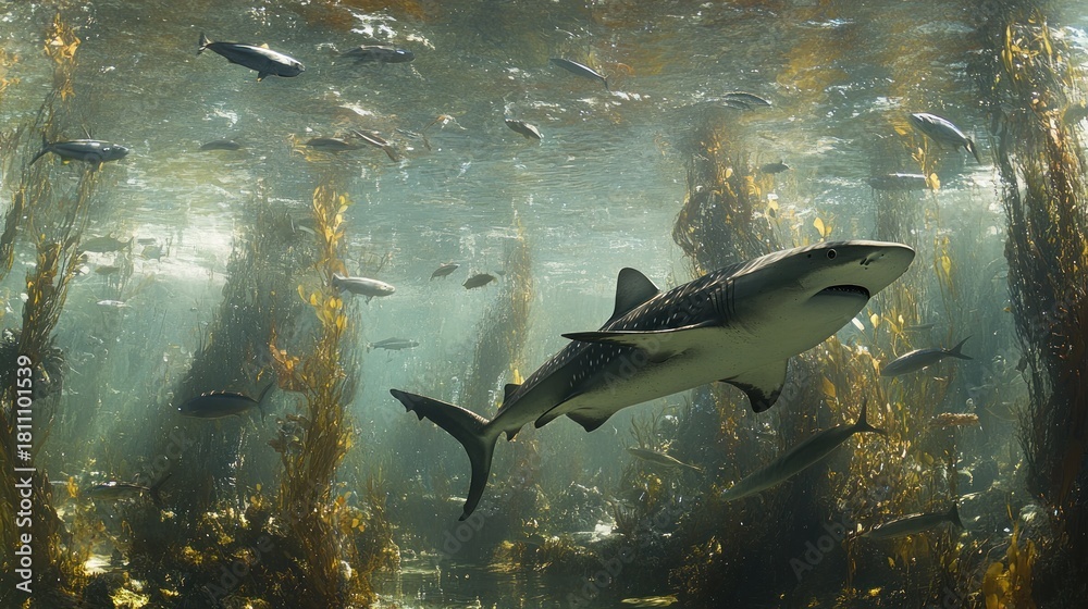Fototapeta premium Whale Shark Swimming Gracefully Through a Vibrant Kelp Forest Underwater