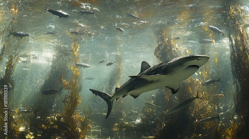 Whale Shark Swimming Gracefully Through a Vibrant Kelp Forest Underwater