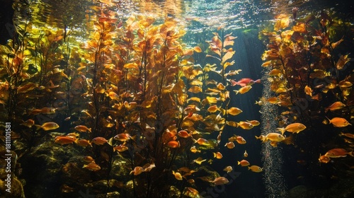 Schools of Radiant Fish Swimming Gracefully Amidst a Vibrant Underwater Kelp Forest
