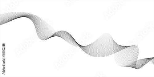 Dotted wave line background. Black halftone undulate pattern. Abstract particle flow wave wallpaper. Curved dashed gradient net design element for poser, banner, presentation, booklet, flyer. Vector