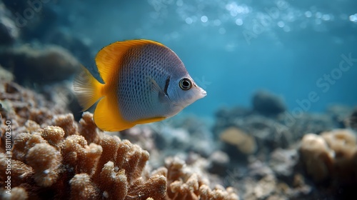 Fototapeta Naklejka Na Ścianę i Meble -  A vibrant yellow and blue butterflyfish swims near a sunlit coral reef in clear ocean water