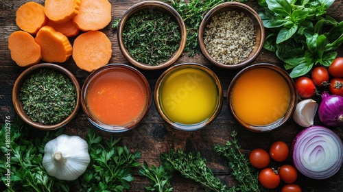 Vibrant Assortment of Fresh Cooking Ingredients on Rustic Wooden Table
