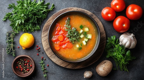 Healthy Vegetable Soup with Fresh Ingredients on a Dark Background