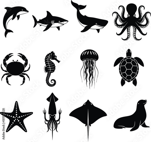 Sea animals vector set ocean life illustration marine creatures silhouette eps