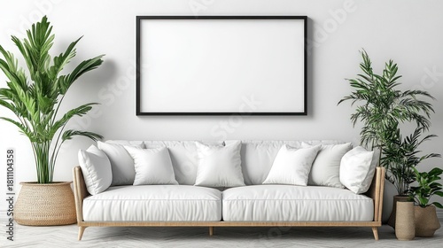 Stylish Interior Scene with Blank Black Frame Above a White Sofa
