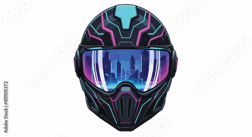 A futuristic 3D vector helmet with neon accents and a sleek design, featuring a vibrant blue and pink visor on a plain white background. Perfect for technology, gaming, and futuristic