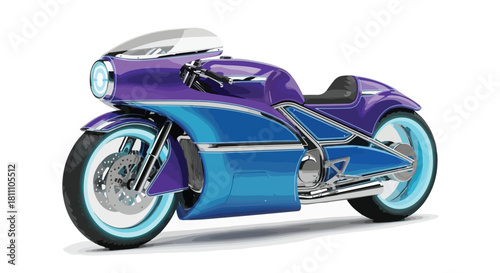 A futuristic 3D rendered motorcycle with neon accents, showcasing a purple and blue metallic body with glowing blue tires, set against a white background. Perfect for technology,