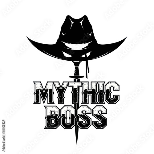 Mythic Boss Cowboy Hat and Sword Logo.