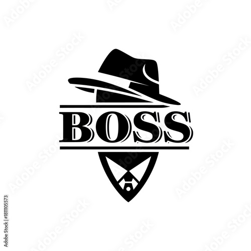 Boss logo with a hat and a tie representing authority and leadership.