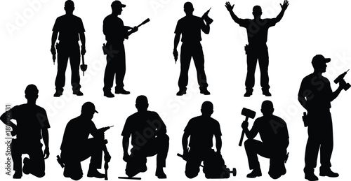Construction worker silhouette set, handyman with drill and hammer, builder vector illustration, industrial repair man collection